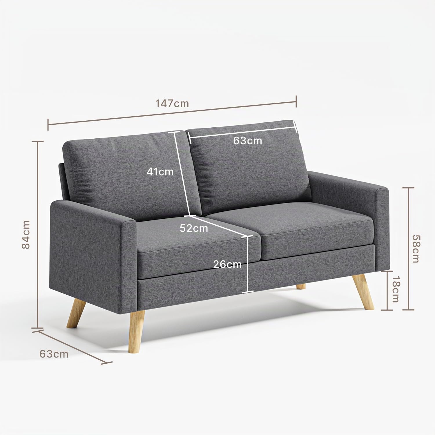 Sofá de 2 Plazas Tapizado, Sofá Compacto Moderno, Patas Madera,Gris oscuro | Cojines Gruesos y Brazos Ergonómicos, patas Madera Antideslizantes, Tela Resistente; para Salón, Apartamento y Dormitorio