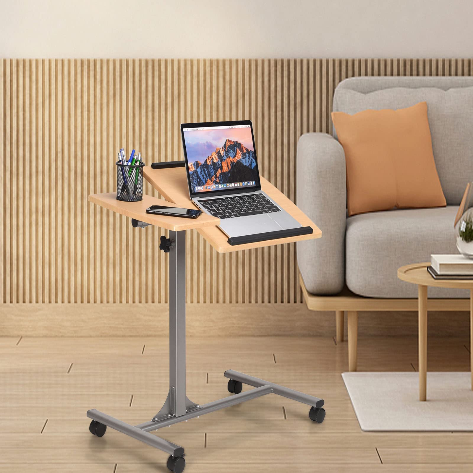 LIFEZEAL Scrivania per Laptop, Tavolino da Divano, Letto, Piano Inclinabile Porta PC, Computer, Notebook, Serviletto, 4 Ruote, Altezza Regolabile, per Soggiorno, Ufficio, Camera da Letto, Noce