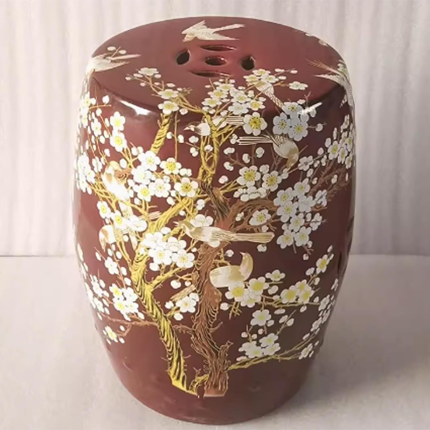 Chinese-Style Drum Stool, Ceramic Decorative Garden Stool, Flower Stand, Glazed Hand-Painted Stool, Garden Decorations for Yard, Patio, Porch, Backyard(Brown)