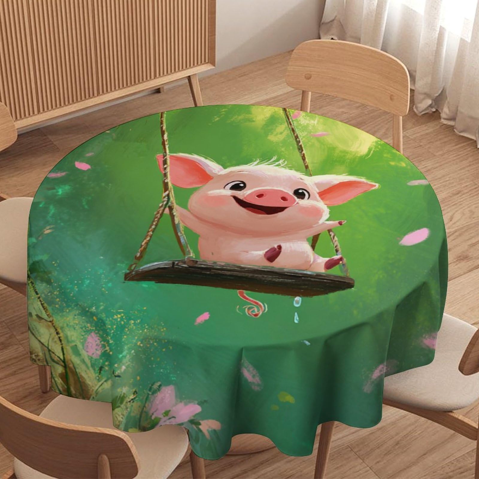 LUYYSKY Funny Pink Cartoon Pig Round Tablecloth Modern Colorful Anime Spring Forest Animals Pig Print Washable Decor for Table Cover for Kitchen-127 Wx127 L cm