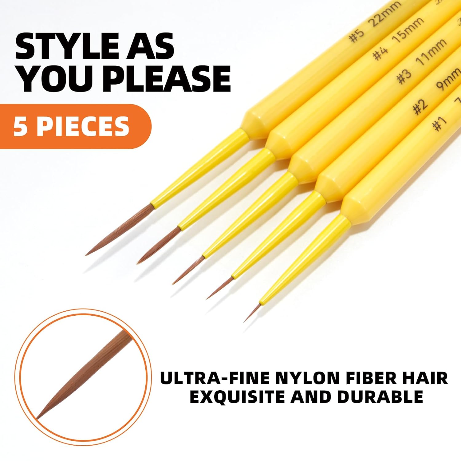 Nail Brush Set for Nail Art Liner Brushes,GSWOI 5Pcs Thin Liner Striping Brush for Nails Gel Polish Painting Designs Elongated Lines -Sizes 7/9/11/15/22mm(Yellow)