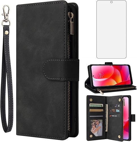Asuwish Compatible con Motorola Moto G Power 2022 5G/MotoG Pure 2021 Funda tipo cartera de vidrio templado, protector de pantalla con tapa abatible,