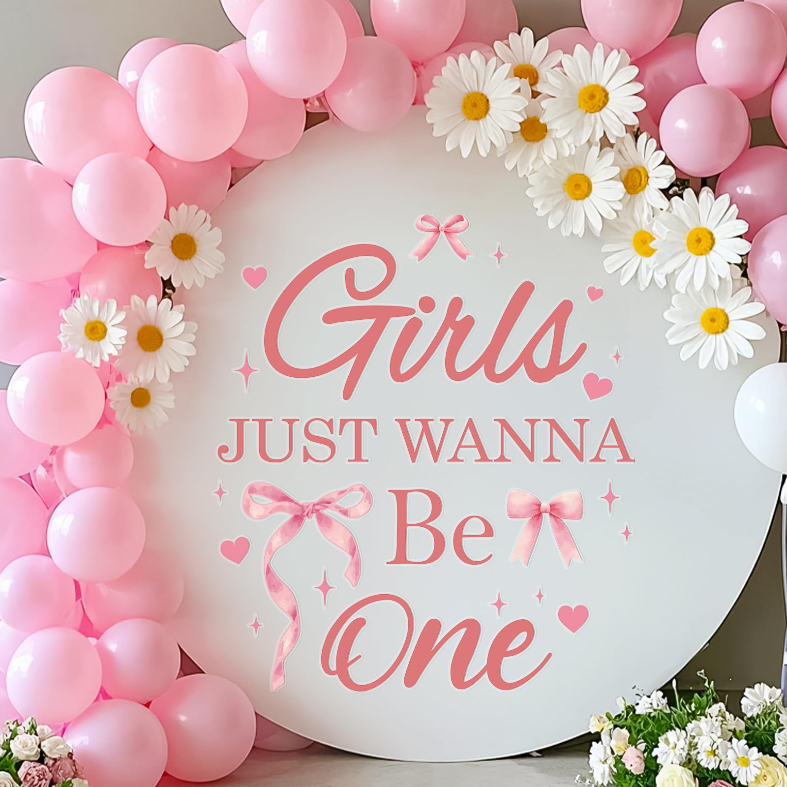 Girls Just Wanna Be One Decal - Pink Bow Backdrop Yard Signs For Girl Outdoor First Birthday Party, Sweet Ones Theme BDAY Parties Decorations Sticker Sign(Only Sticker)
