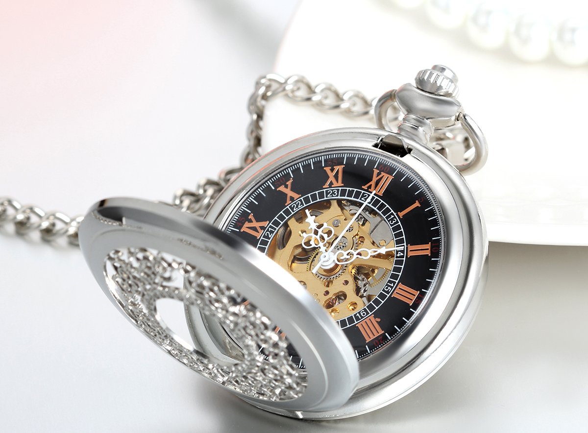 Image secondaire de JewelryWe Montre de Poche Gousset Squelette Mécanique Manuel Rayure Fleur Ciselée Chiffre Romain Pendentif Collier Alliage pour