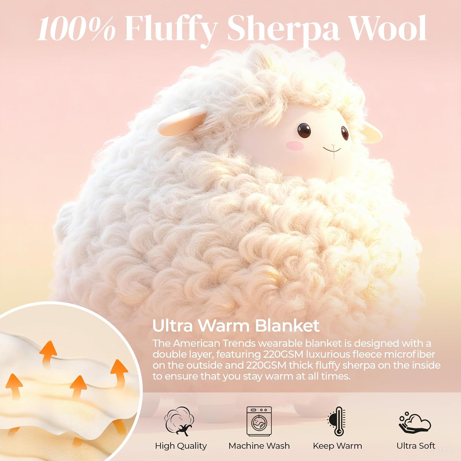 American Trends 2-in-1 Wearable Blanket, Sherpa Lined Fleece, Oversized Blanket Hoodie with Pillow, Gifts for Women Girls - Image 3