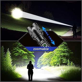 JAY-PARK High Lumen Flashlight 100000 Lumen Rechargeable 5000mAh Battery | LCD Display, Zoom Long Beam (3000m), IP67 Waterproof, 5 Modes & Belt Clip - for Camping, Dog Walking, Adventure, Everyday Use