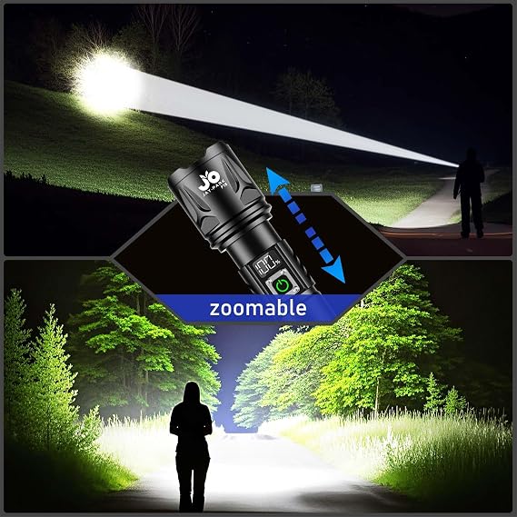 JAY-PARK High Lumen Flashlight 100000 Lumen Rechargeable 5000mAh Battery | LCD Display, Zoom Long Beam (3000m), IP67 Waterproof, 5 Modes & Belt Clip - for Camping, Dog Walking, Adventure, Everyday Use