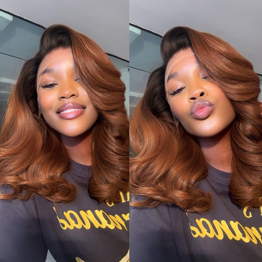 Ombre Ginger Bob Wig Human Hair 13x4 Body Wave HD Lace Front Wigs Human Hair for Women Pre Plucked Glueless 200% Density Ombre Ginger Brown Colored Short Bob Wigs 14 Inch