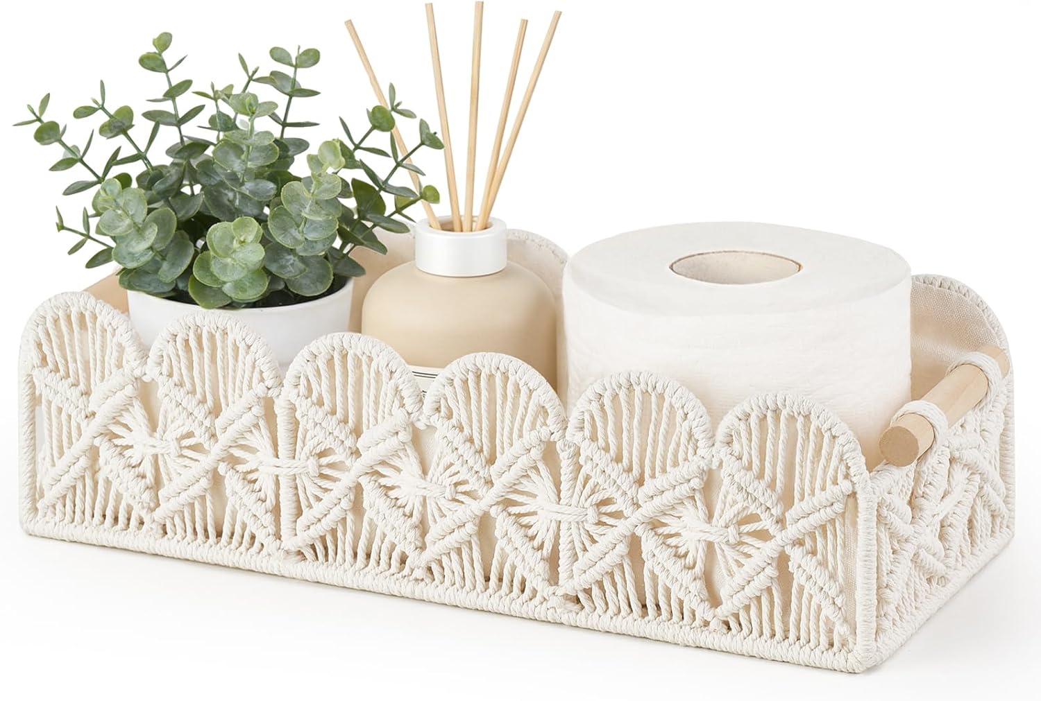 Mkono Bathroom Storage Basket, Small Toilet Paper Holder Boho Decor, Ivory | 14”L x 6.3”W x 4”H, 1 Pack, Woven Cotton Macrame Basket, Living Room Bedroom Office, Scalloped Edge Organizer with Handles