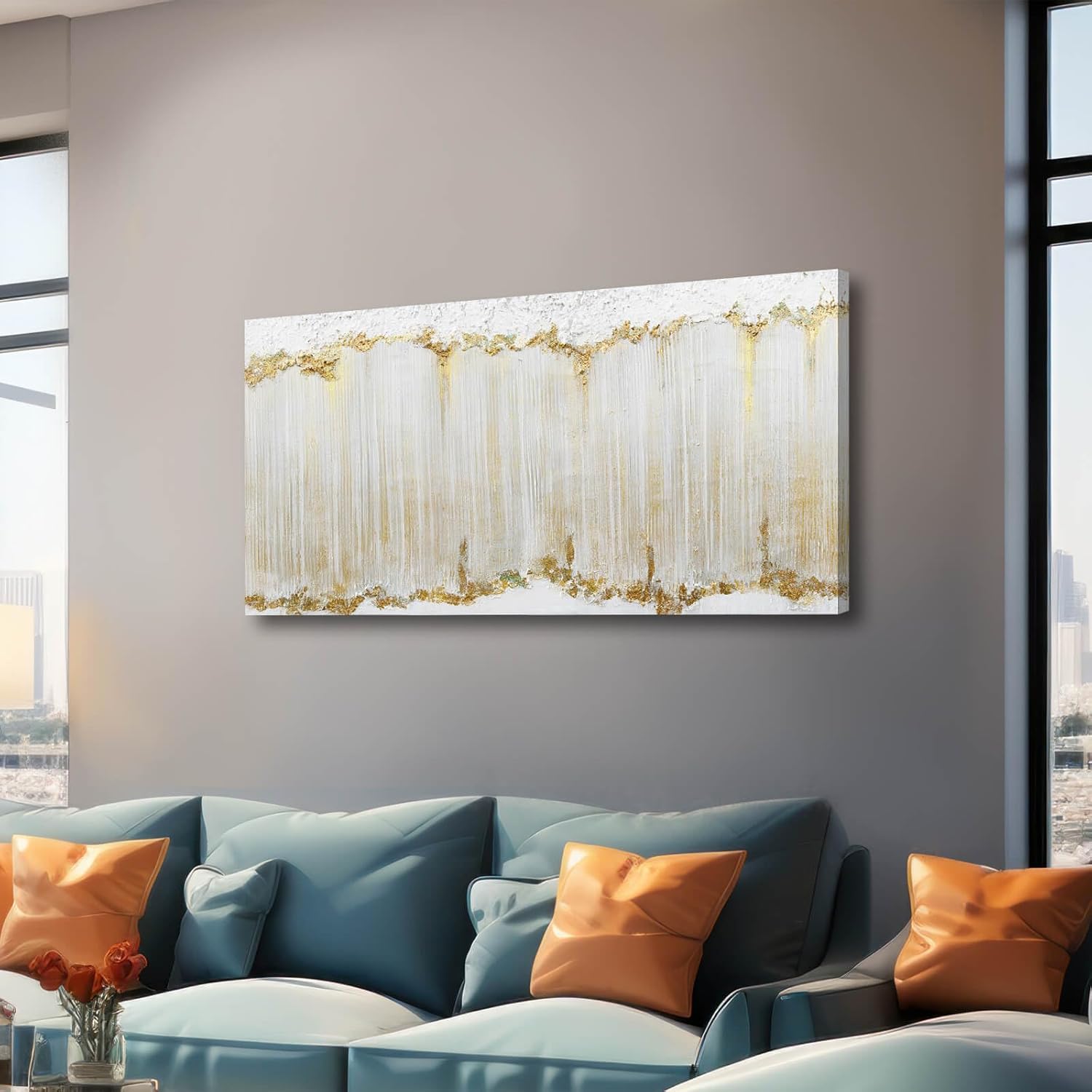 WINKAILIN White and Gold Canvas Wall Art Modern Abstract Wall Decor for Living Room Gold Line Office Decor 24"x 48" Textured Wall Prints Ready to Hang 24x48 White and Gold
