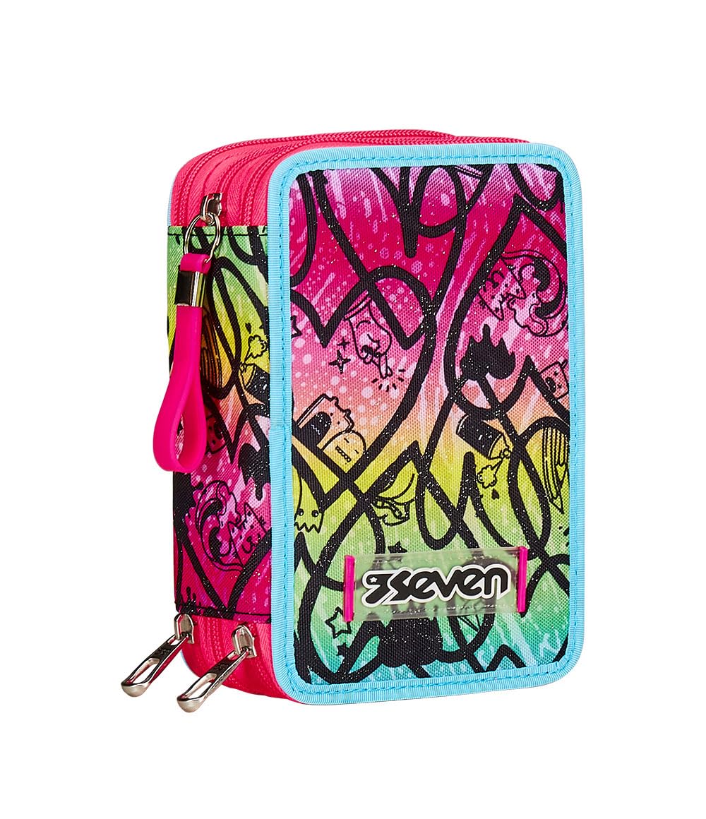 Seven Pencil Case 3 Compartments, Pink, Triple Compartment, Complete with Pencils, Markers, Colours, Backpack Accessories, Elementary, Medium, Top, Girls and Girls, Pink, Taglia Unica, School