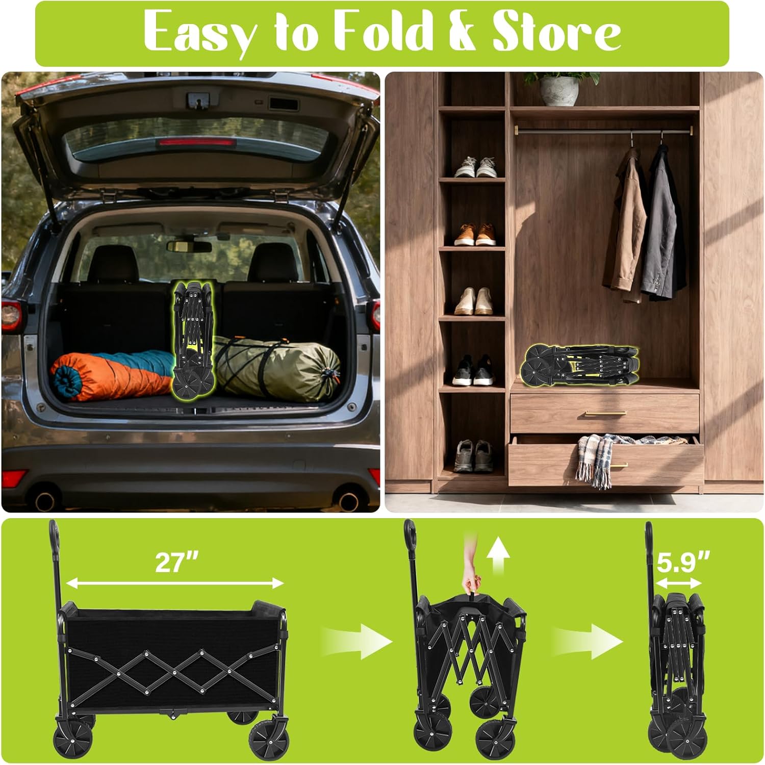 Wagons Carts Foldable, Collapsible Wagon with Wheels, Folding Wagons carts for Camp Sports Garden, Portable Utility Outdoor Wagon with 360lbs, Garden Cart for Groceries, Two Cup Holder, Black