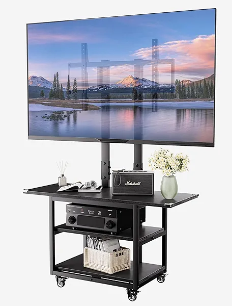 EZISE Black Mobile TV Cart with 3 Shelves for 32-75 Inch TVs, Portable TV Stand on Wheels with Height Adjustable Mount Hold up to 150 lbs, Outdoor TV Stand for Living Room, Office