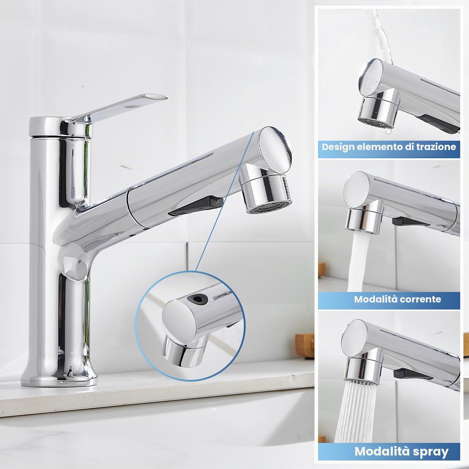 Rubinetto da bagno con 3 tipi di getto, rubinetto estraibile per lavabo con scarico, miscelatore monocomando per bagno, cromato