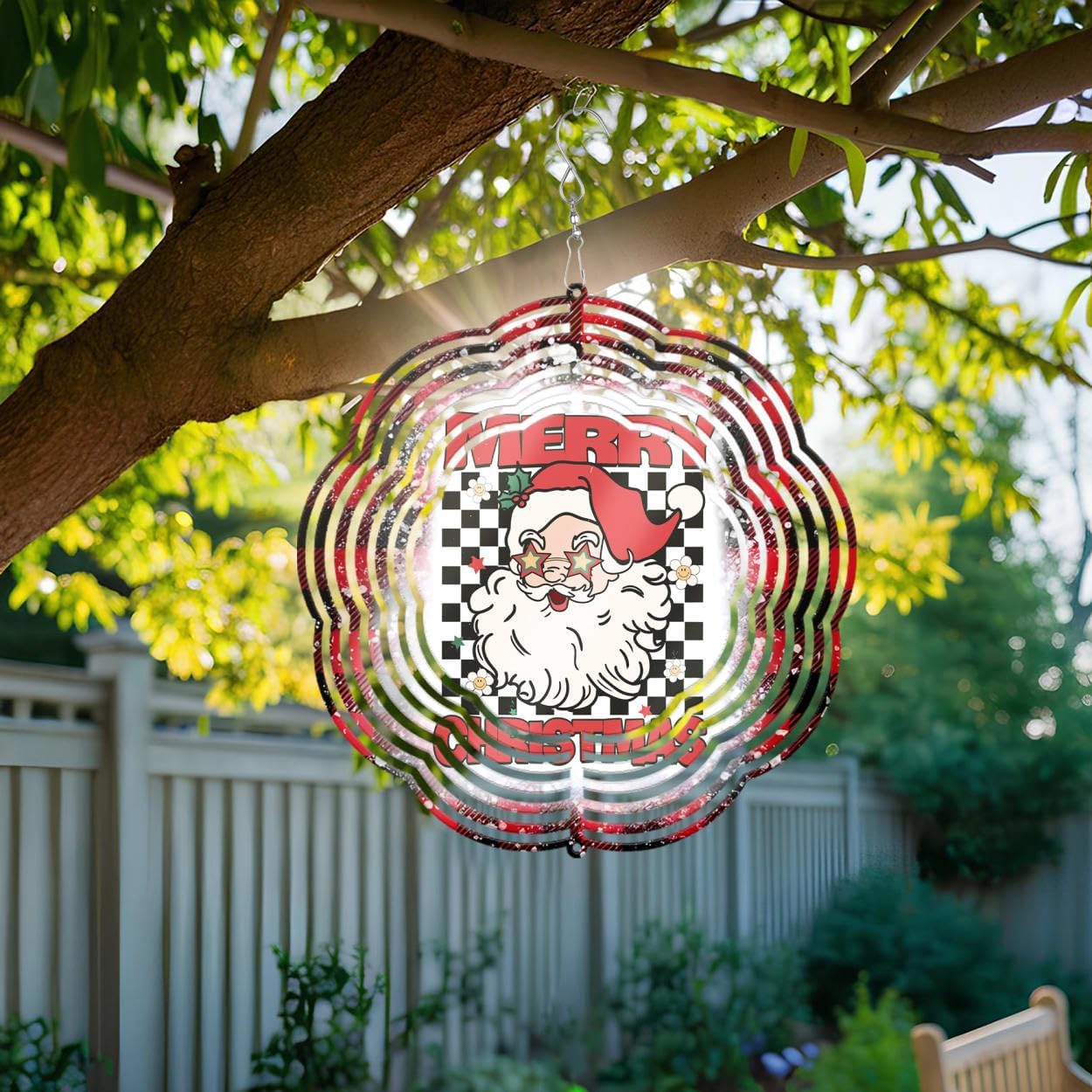 Santa Claus Checkered Christmas Wind Spinners 3D Stainless Steel Laser Cut Metal Double Sided Printing-Hanging Indoor/Outdoor Decorations Yard Gardening Decor,Metal Kinetic Art 16x16 inches