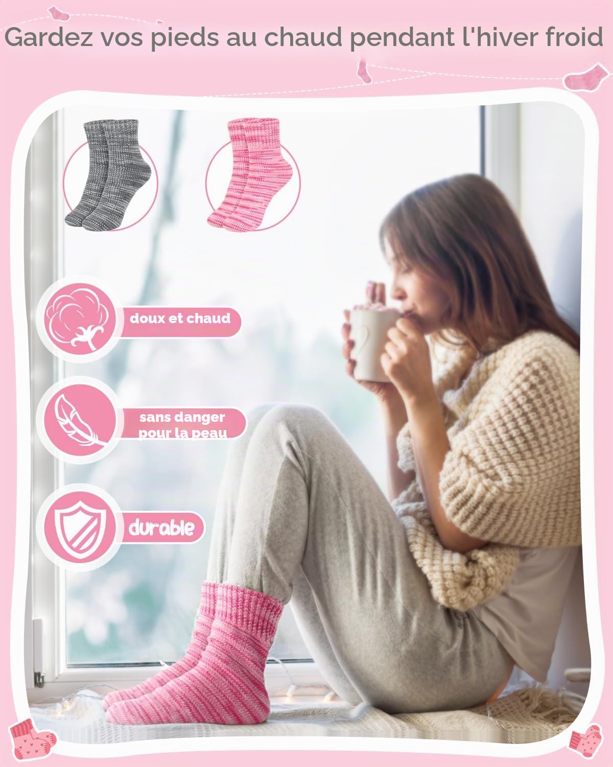 Katech Kit Tricot Débutant - Laine, Aiguilles à Tricoter 25cm en Bambou et Métal, Kit Adulte Chaussettes, Livre en Anglais - Gris Rose