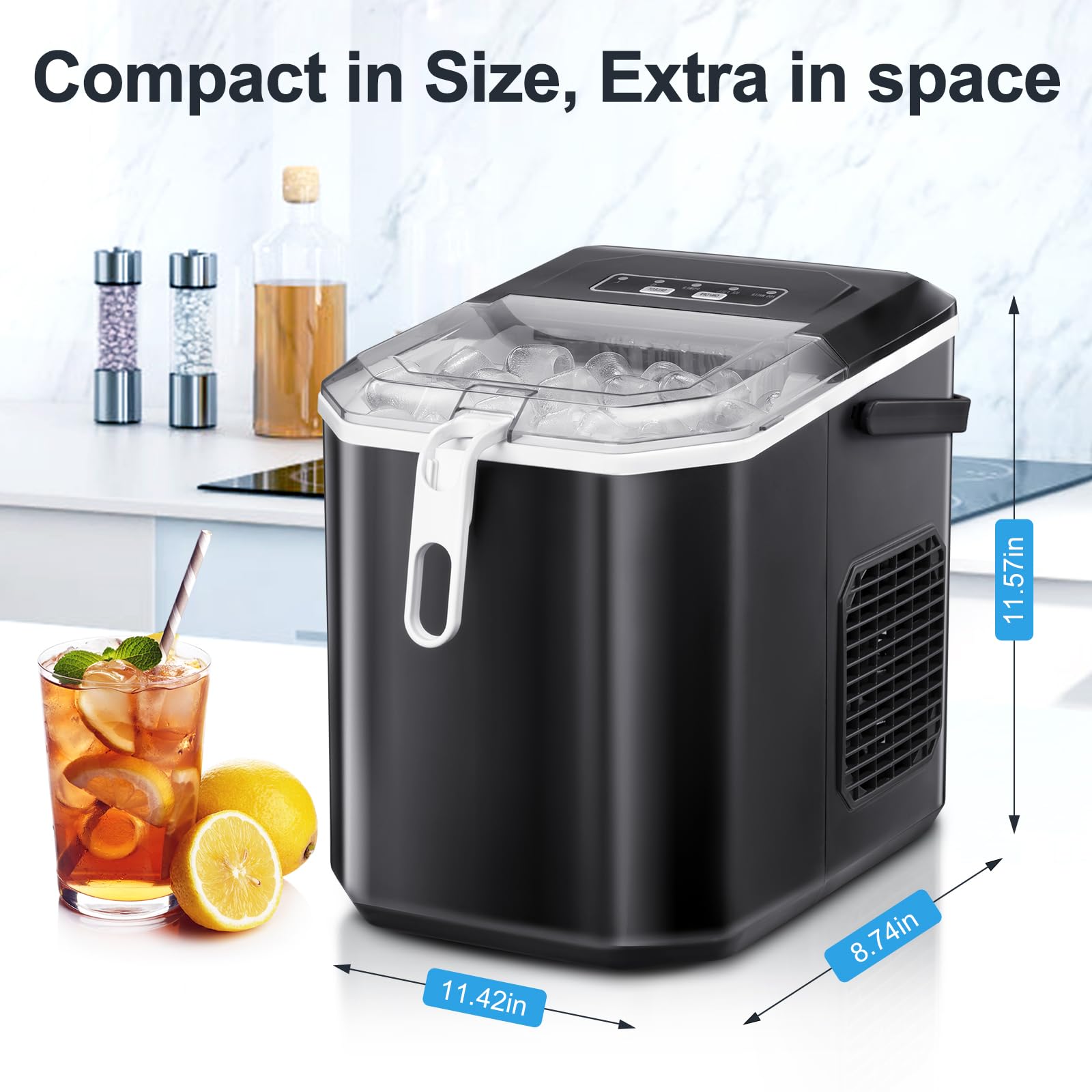 Ice Makers Countertop with Self-Cleaning, 26.5Lbs/24Hrs, 9 Cubes Ice Ready in 6~9Mins, 2 Sizes of Bullet Ice, Portable Ice Maker with Double Handles/Ice Scoop/Basket for Home/Kitchen/Office/Bar, Black