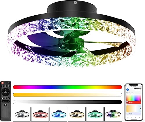 Ventilador de techo de perfil bajo Ventiladores de techo inteligentes sin aspas de 20 pulgadas con luz y control remoto, colores RGB que cambian