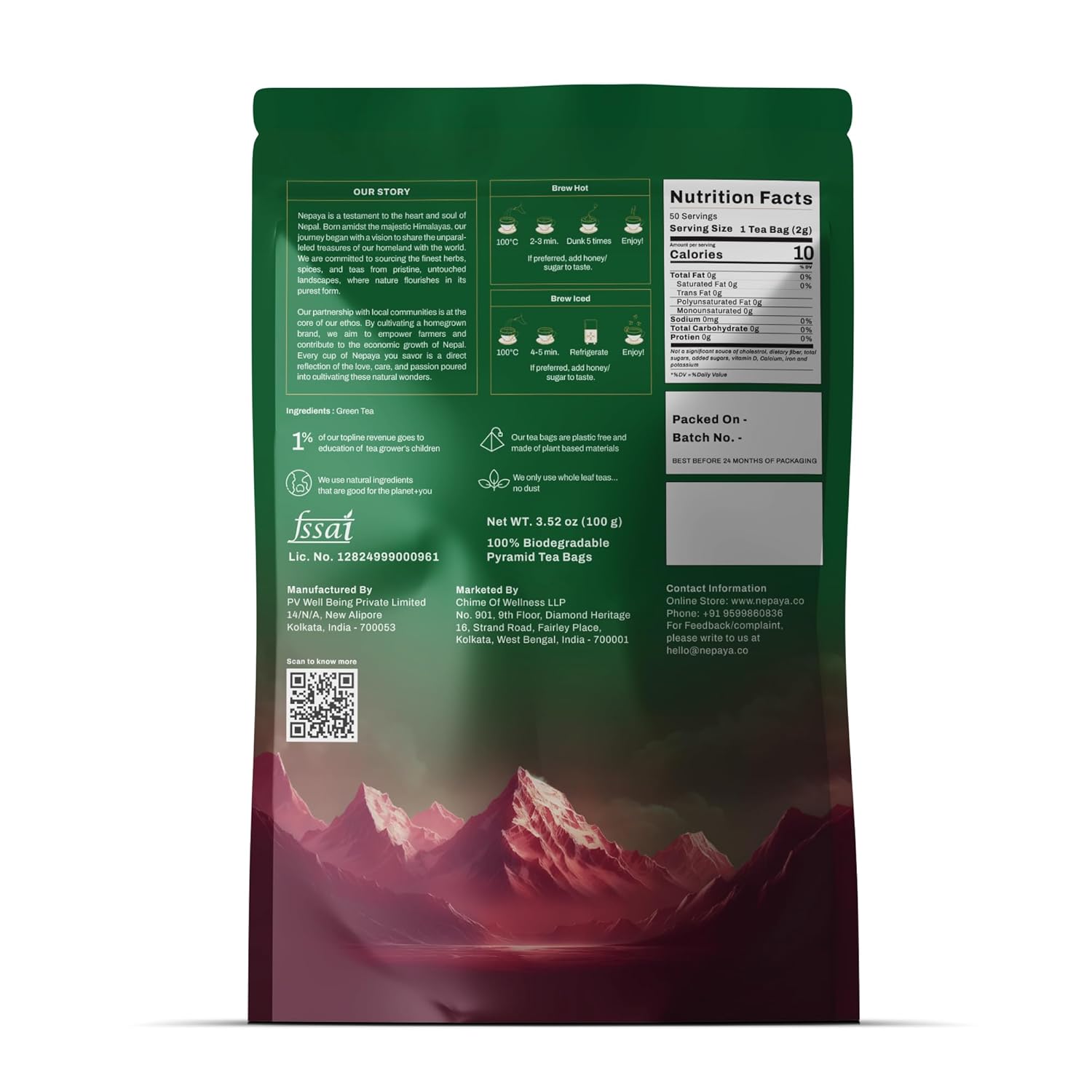 Nepaya Himalayan Green Tea Bag, Natural Pure Green TeaBag, Low Caffeine, Whole Leaf Tea, High-Grown Nepal Green Tea, Biodegradable 50 Pyramid TeaBags for Hot or Iced Tea