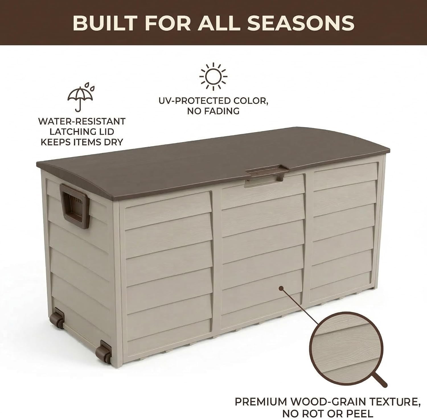 75 Gallon Outdoor Storage Box, 260L Waterproof Resin Deck Box for Patio Furniture Cushions, Garden Tools and Yard Accessories, Lockable Storage Chest with Wheels and Handles (Brown)