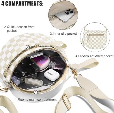 Checkered Crossbody Bags for Women Spacious Nylon Sling Bum Bag, Adjustable Fanny Pack Purse for Travel