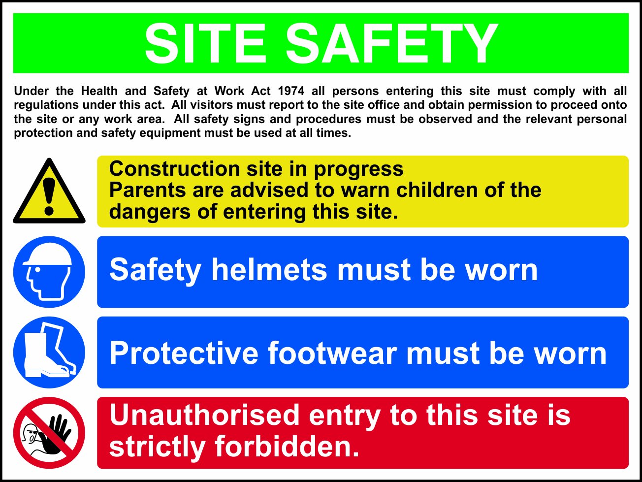 Construction Site Safety Sign With 1 Warning, 2 Mandatory & 1 Prohibition Messages