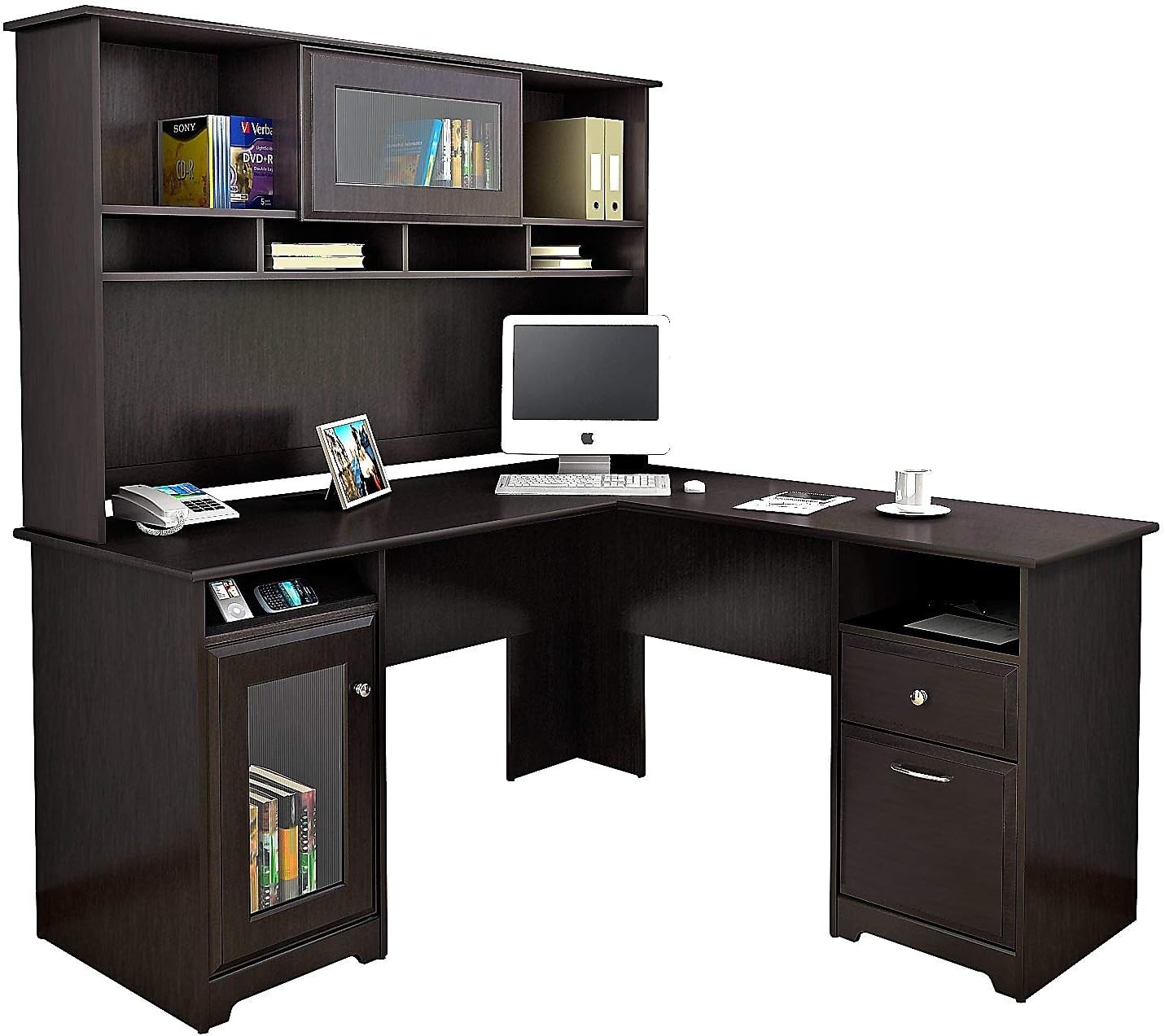 Bush Home Cabot L Shaped Desk with Hutch, Corner Desk with Storage for Home Office in Espresso Oak, 60W L Shaped Computer Desk