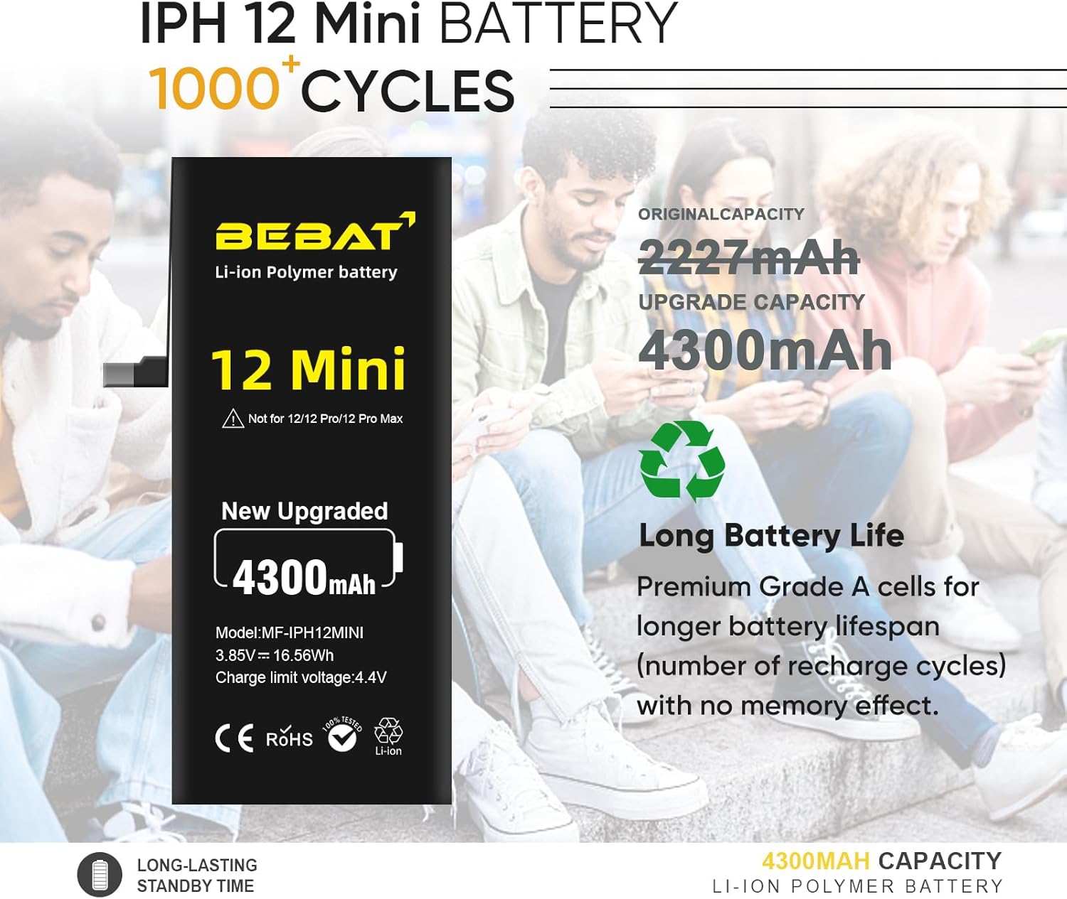Replacement for iPhone 12 MINI Battery, 4300mAh High Capacity Li-ion Polymer Replacement Battery for Model A2399 A2400 A2398 A2176 with Professional Repair Tool Kits