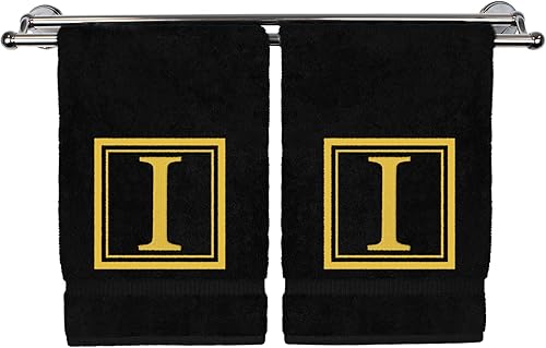Miniatura 106 de Monogrammed Hand Towel, 16 x 30 Inches Set of 2, Personalized Gift- White Letter Embroidered with Square Design on Black Towel - Extra Absorbent