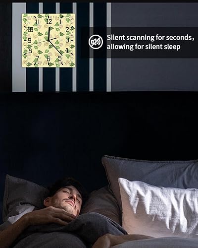 Miniatura 6 de Green Botanical Wooden Wall Clock Silent Non Ticking, Hand Drawn Leaves Square Wall Clock Battery Operated, Decor Clock for Home Office, Living