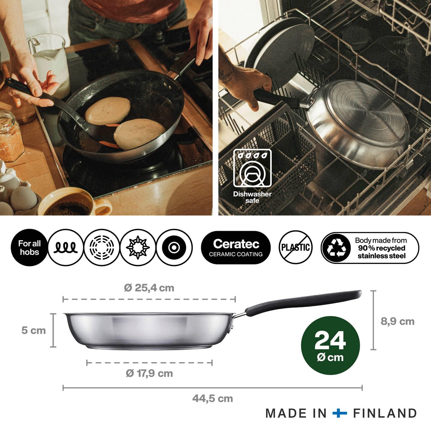 Fiskars frying pan, Ø 24 cm, Coated frying pan, Suitable for all hobs, Recycled stainless steel, Functional shape, Silver/black, 1072310 — Amazon image 2