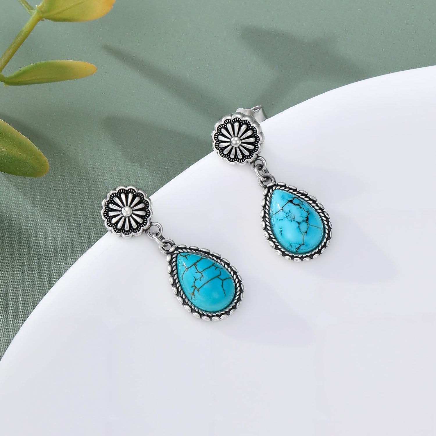 Genuine Turquoise Dangle Earrings 925 Sterling Silver Natural Teardrop Turquoise Flower Drop Earrings Western Navajo Boho Jewelry Gifts for Women Mom Wife Her - Image 4
