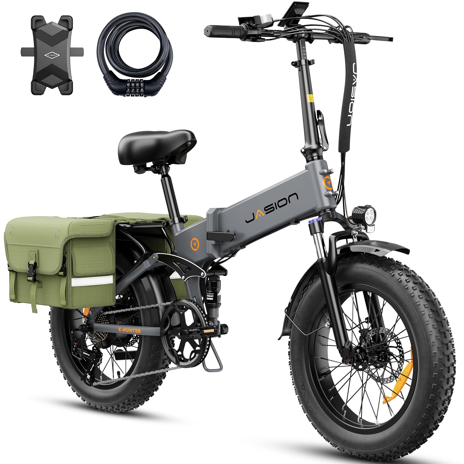 Jasion X-Hunter Electric Bike for Adults,1400W Peak Motor 30MPH Max Speed,48V 13AH Removable Battery Full Suspension System Design,20 * 4.0 Fat Tire Foldable Ebike, 7-Speed Bicycles,Grey