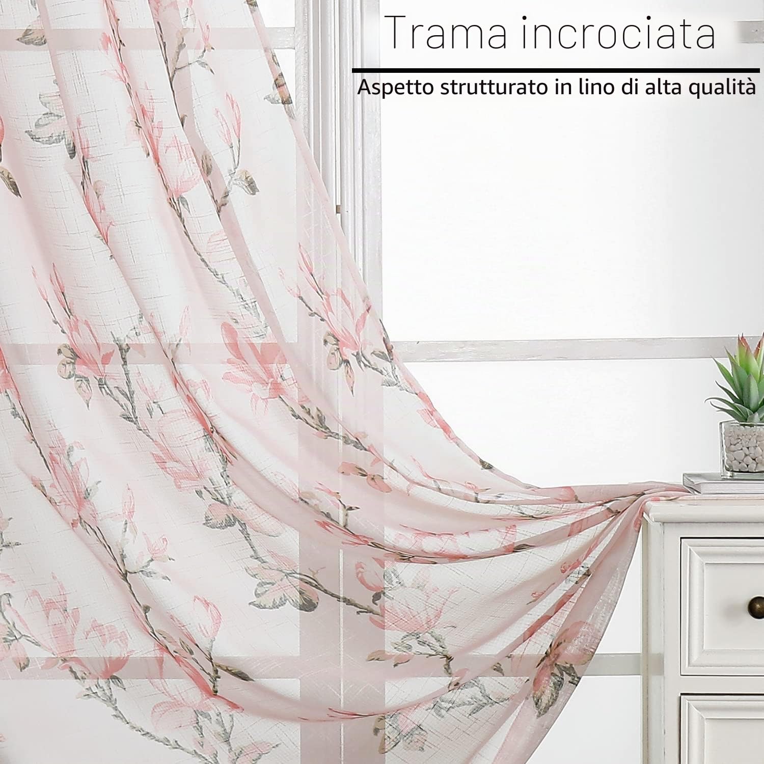 SMILE WEAVER Tende velate rosa cipria, lunghezza 160 cm, per soggiorno, con motivo floreale, in voile di lino testurizzato, con tasca per asta, per camera da letto/cucina, 2 pannelli