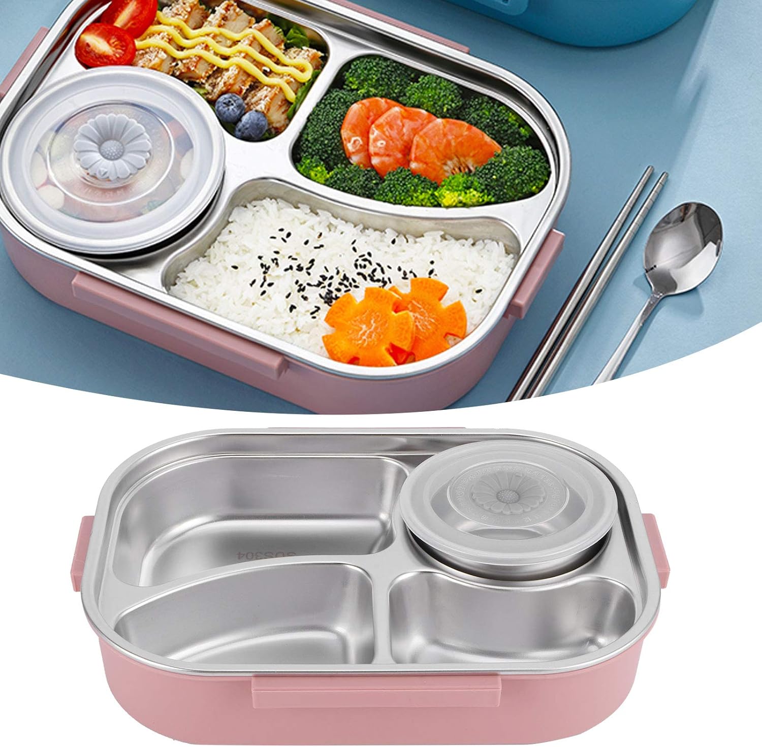 Stainless Steel Lunch Box, Stackable Multi Layer Hot Food Insulated Box, 4‑Grid Portable Bento Box, Spill Proof Insulated Lunch Containers with (Four-Compartment Lunch Box with