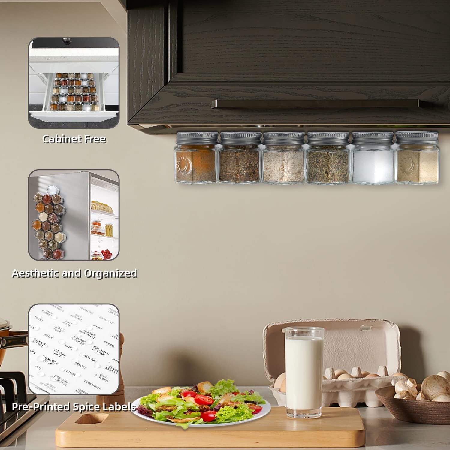 Homazing Set of 24 Hexagon Glass Spice Jars with Shaker Lids and Labels for Refrigerator, Kitchen, RV Travel Trailer Magnetic Containers