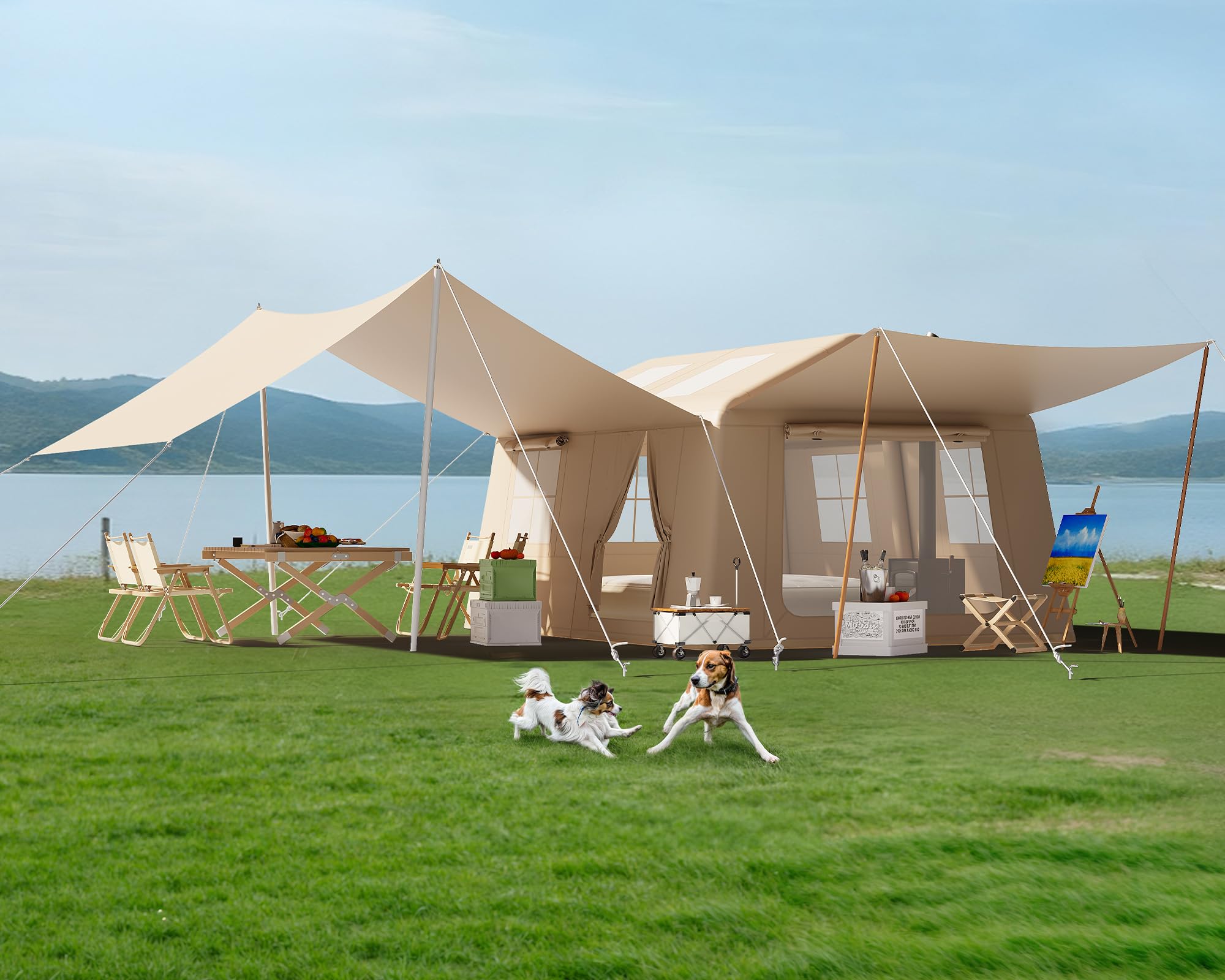 Inflatable Camping Tent with Pump 1 2 Awnings 8-14 Person Air Tents for Camping Adult Large Waterproof Oxford