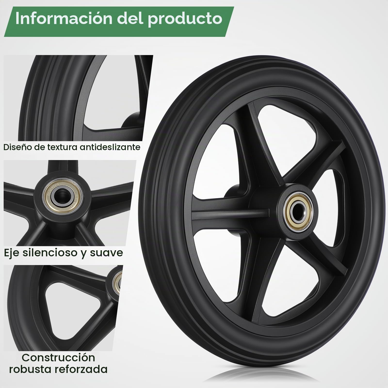 HEALLILY 2 Ruedas para Silla de Ruedas Delanteras Recambios Neumáticos de Goma Maciza 7 Pulgadas Antideslizante Repuesto Universal con Tornillos Rodamiento Componentes Negro