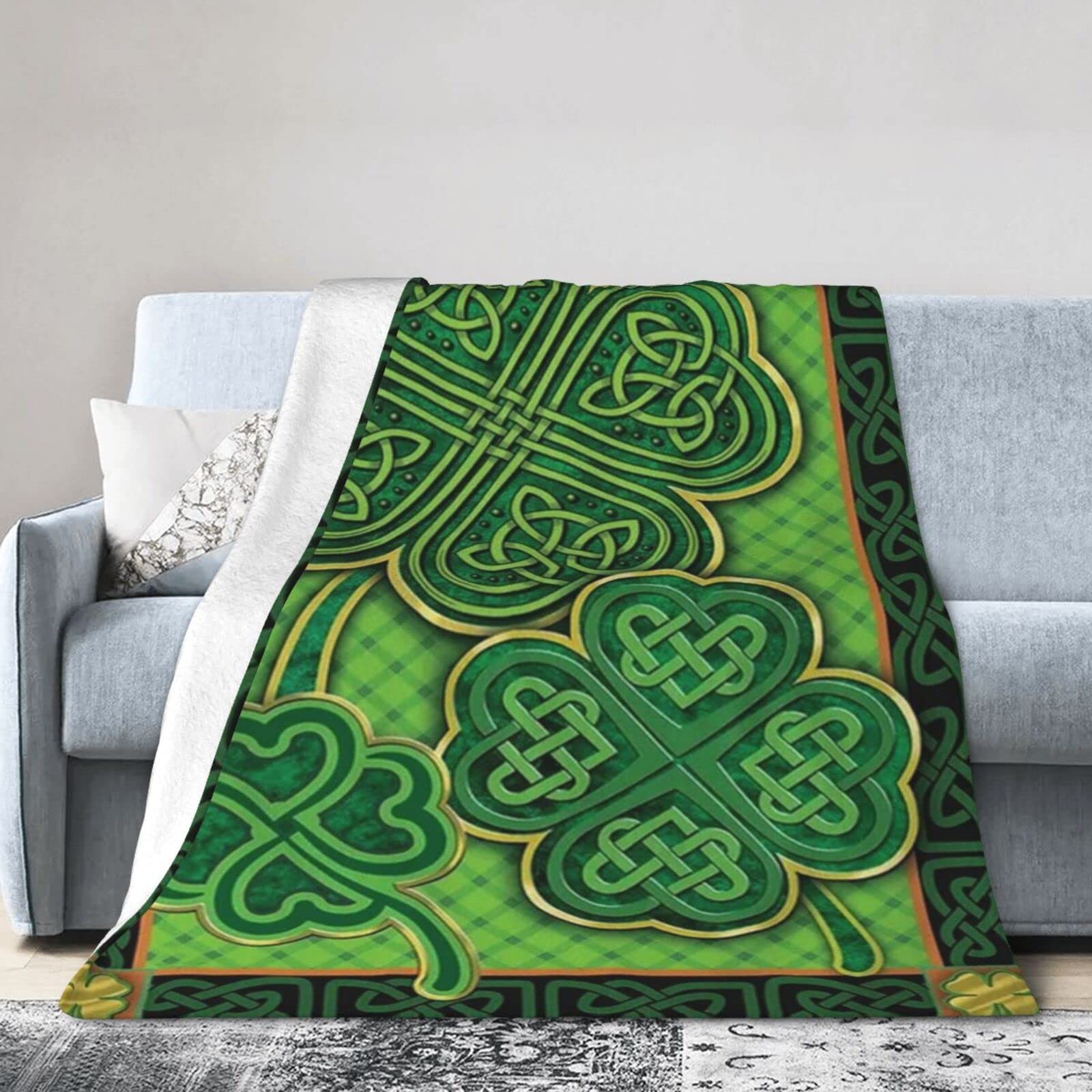 Lsjuee Flannel Fleece Blanket 40"X30" Celtic Shamrocks St. Patrick's Day Sofa Throw Blanket Weighted Ultra-Soft Travel Spring Blankets for Mens Keep Warm