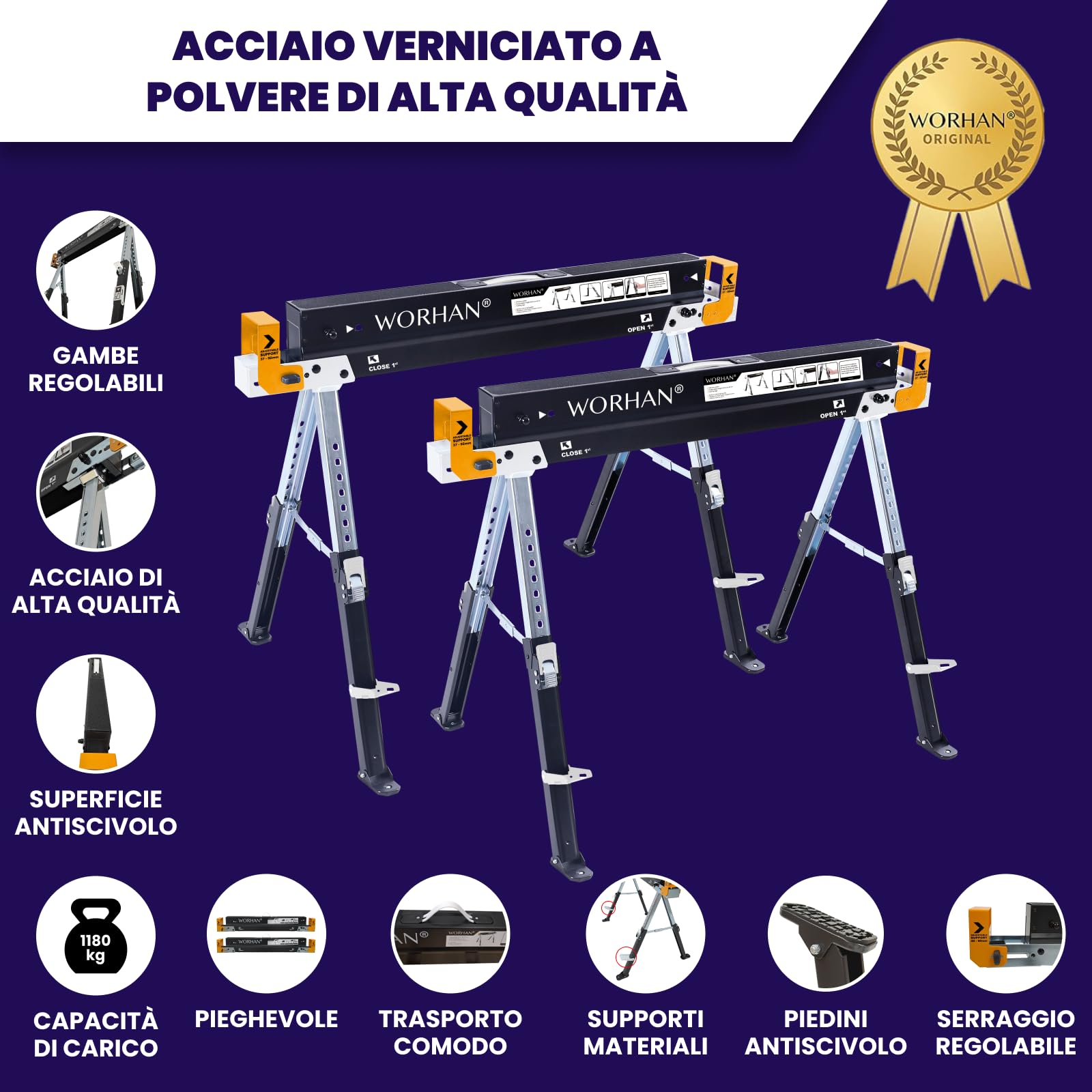 Cavalletti x2 Stabili e Robusti Piedini Antiscivolo Regolabili Pieghevoli a Regolazione Rapida S600A