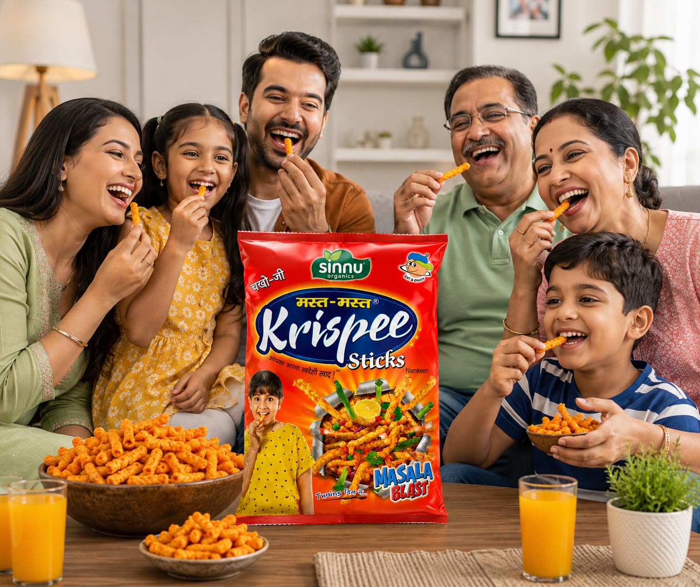 Sinnu Organics Krispee Sticks Masala Blast Namkeen, Crunchy and Spicy Kurkure Style, Tea Time Snack, 300g Pack 1