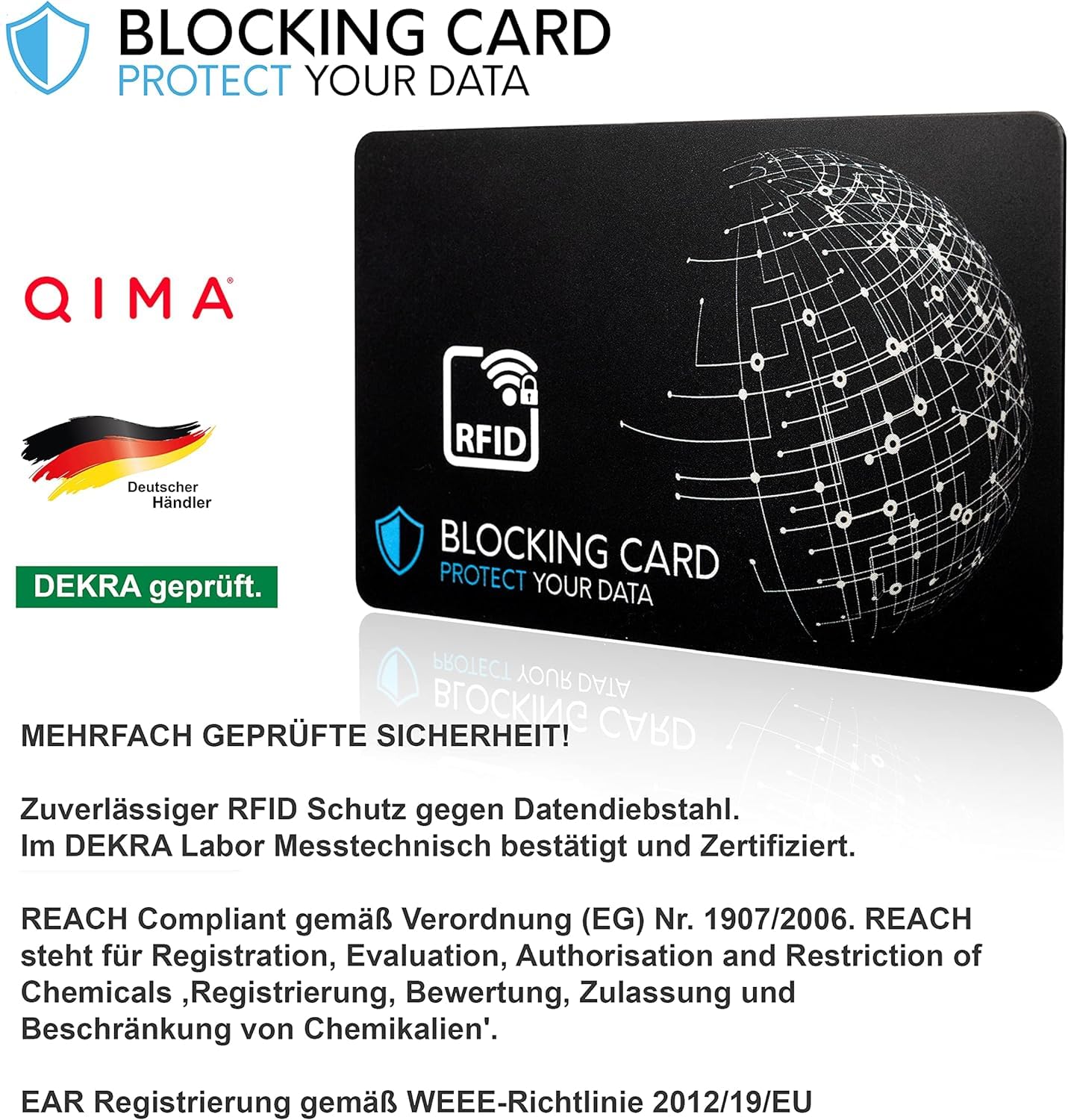 Tarjeta bloqueadora RFID Probada por DEKRA con la última tecnología de interferencias de Campos electrónicos, para Proteger contra el Robo de Datos. Tarjeta Extra Fina de 0,8 mm para Cada Billetera.