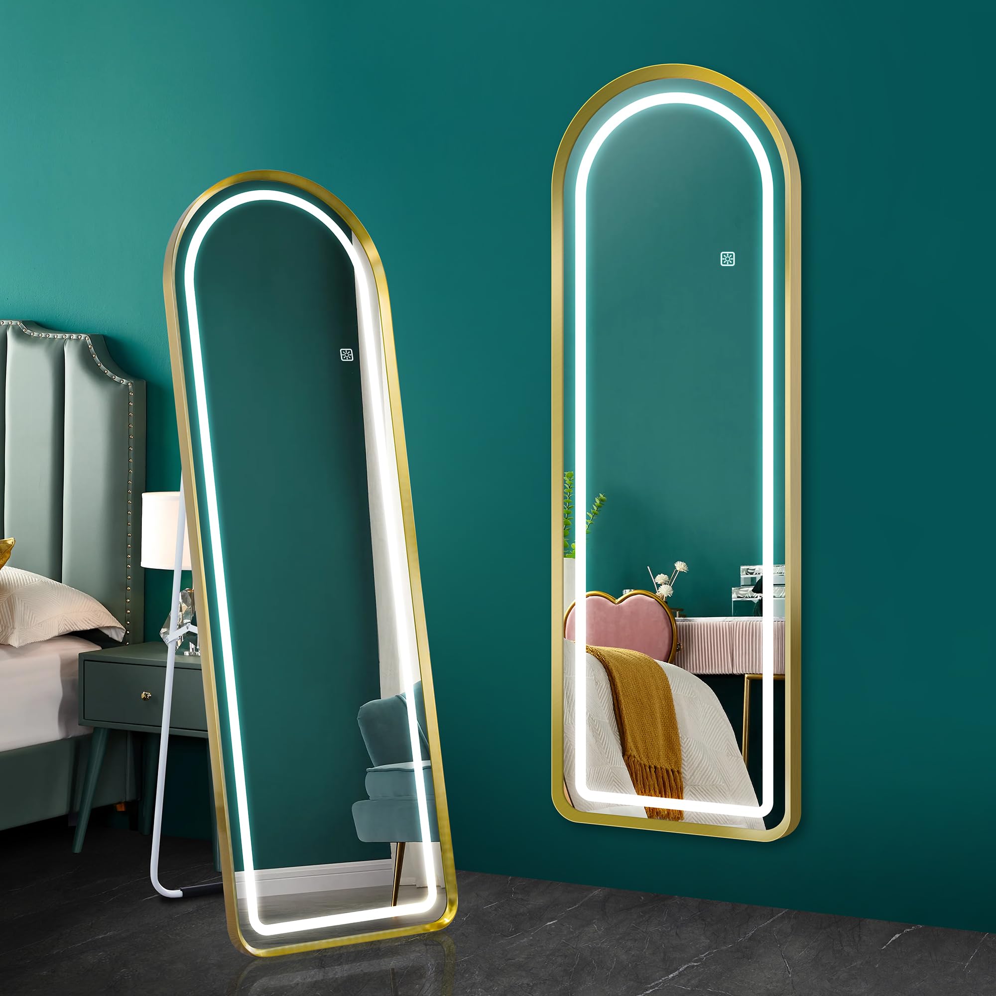 S'bagno 63"x20" Arched Full Length Mirror with Lights, Bedroom Full Body Floor Mirror, Aluminum Frame with Gold, Wall Mounted Hanging Dressing Mirror with Touch Dimming& 3 Color Temperatures