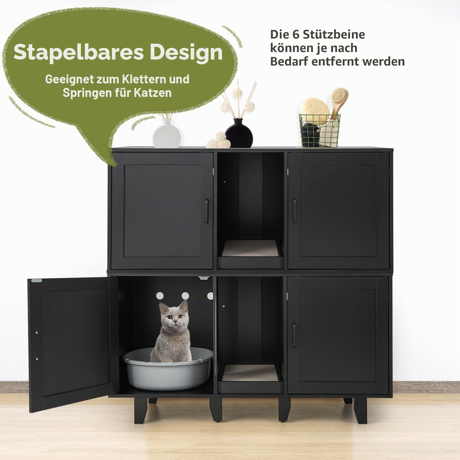 GYMAX Katzenklo Schrank für 2 Katzen, Katzenschrank für Katzentoilette mit 2 Türen, verdecktem Eingang & Kratzbrett, XXL Katzenhaus für große Katzen, Katzenklo Möbel, 120 x 52 x 65 cm (Schwarz)