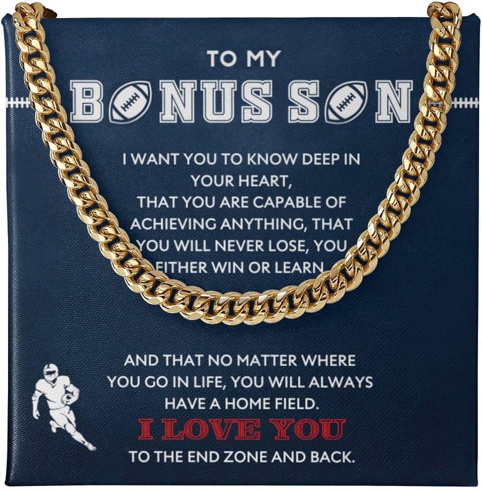 Personalized Boys Necklace To My Bonus Son Baseball Football Player From Mom or Dad, Boy Gifts From Stepmom Stepdad, Inspiration Birthday Gift For Athletes Stepson, Cool Christmas Necklaces