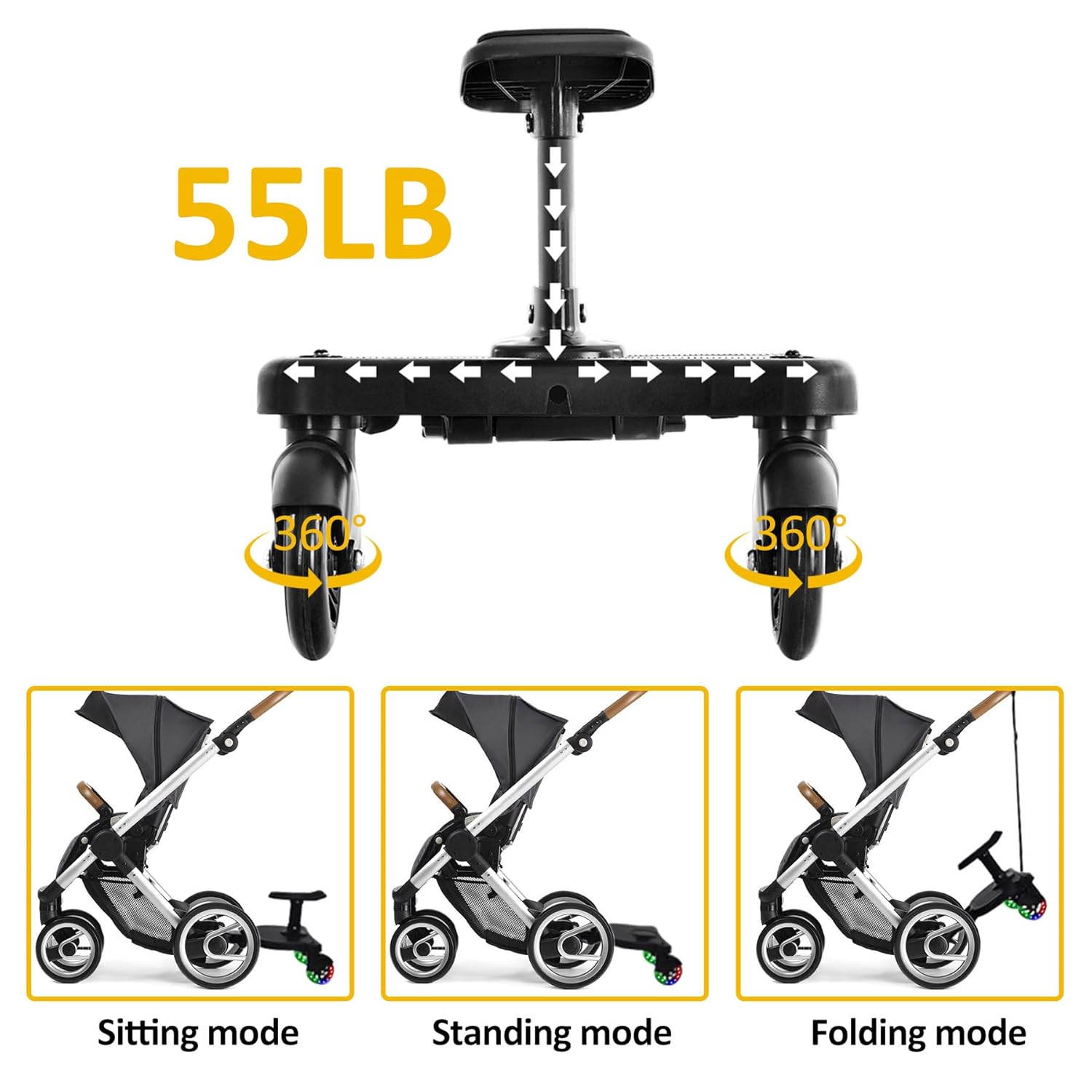 Universal Stroller Board Buggy Board with 2 LED Lighted Wheels and Detachable Seat, 2in1 Sit and Stand Stroller Connectors for Most Strollers, Holds Children Up to 55 LBs Stroller Standing Board