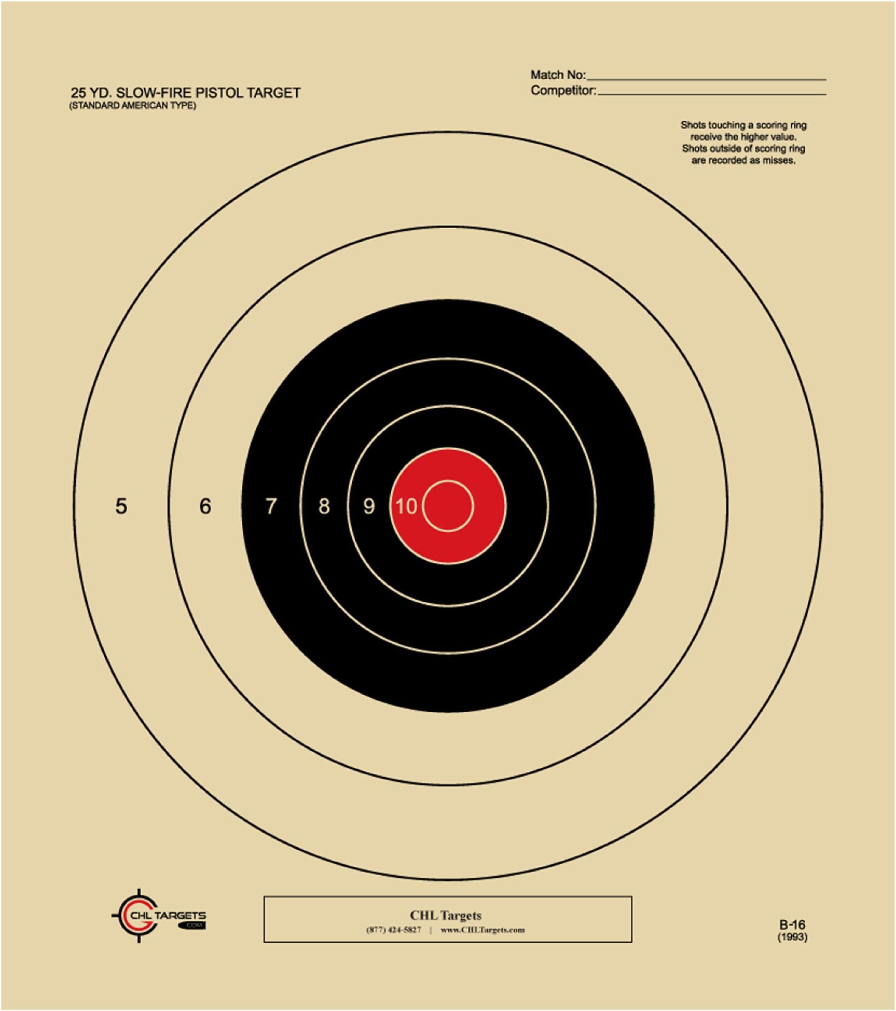 25 Yard Slow Fire Pistol Target, B-16, Bullseye Target, Archery, Gun, Rifle, Pistol, Airsoft, BB Gun, Air Rifle