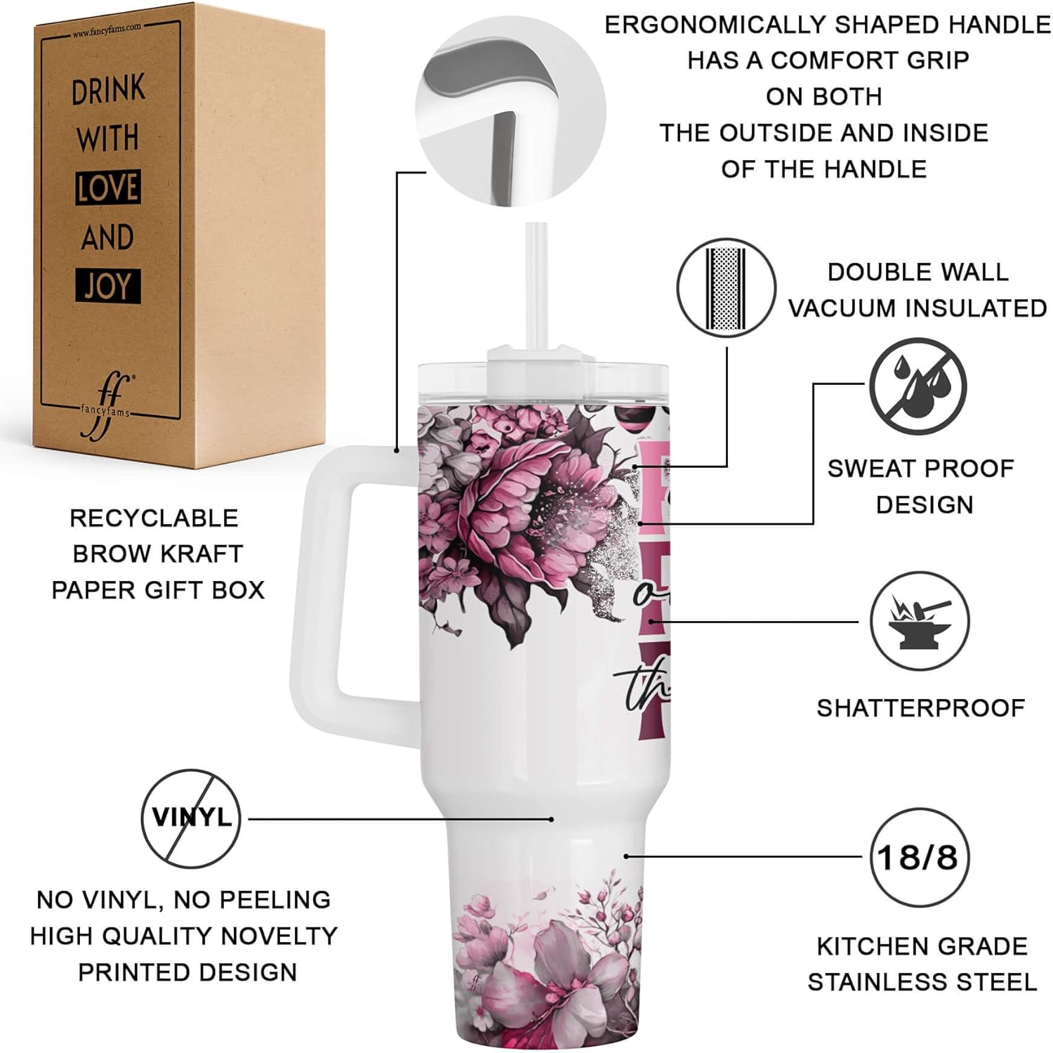 Fancyfams Christian Gifts for Women, 40 oz Stainless Steel Travel Tumbler with Handle Lid Straw, Birthday Gift for Mom, Friend, Religious Inspirational (Pray On It) - Image 3