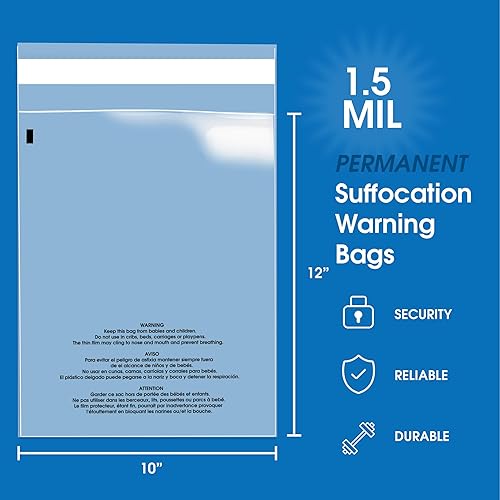 Miniatura 2 de Spartan Industrial - Bolsas de polietileno transparente autosellantes de 10 x 12 pulgadas (100 unidades) con advertencia de asfixia para embalaje,