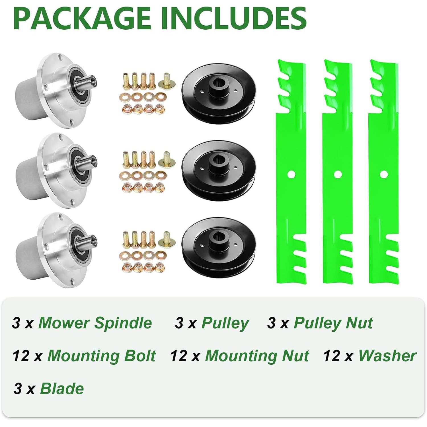 Kit de reconstrucción de cubierta de cortacésped de 48 pulgadas para Bad Bo y MZ Magnum incluye 3 husillos 037-2000-00 037-2050-00 3 cuchillas 033-4820-00, 3 poleas 038-4826-00